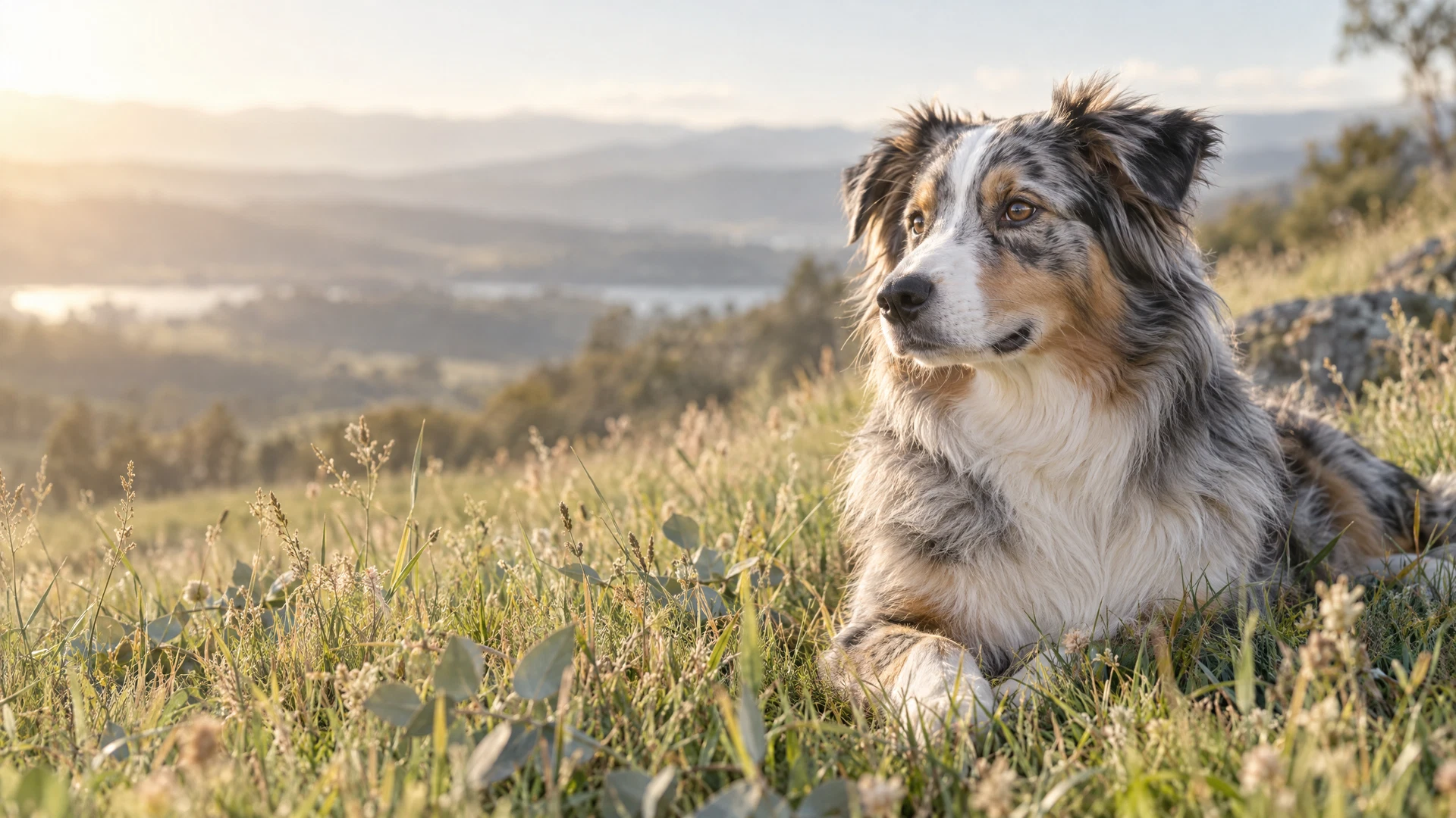 A calm blue-merle Australian Shepherd resting in a sunlit meadow