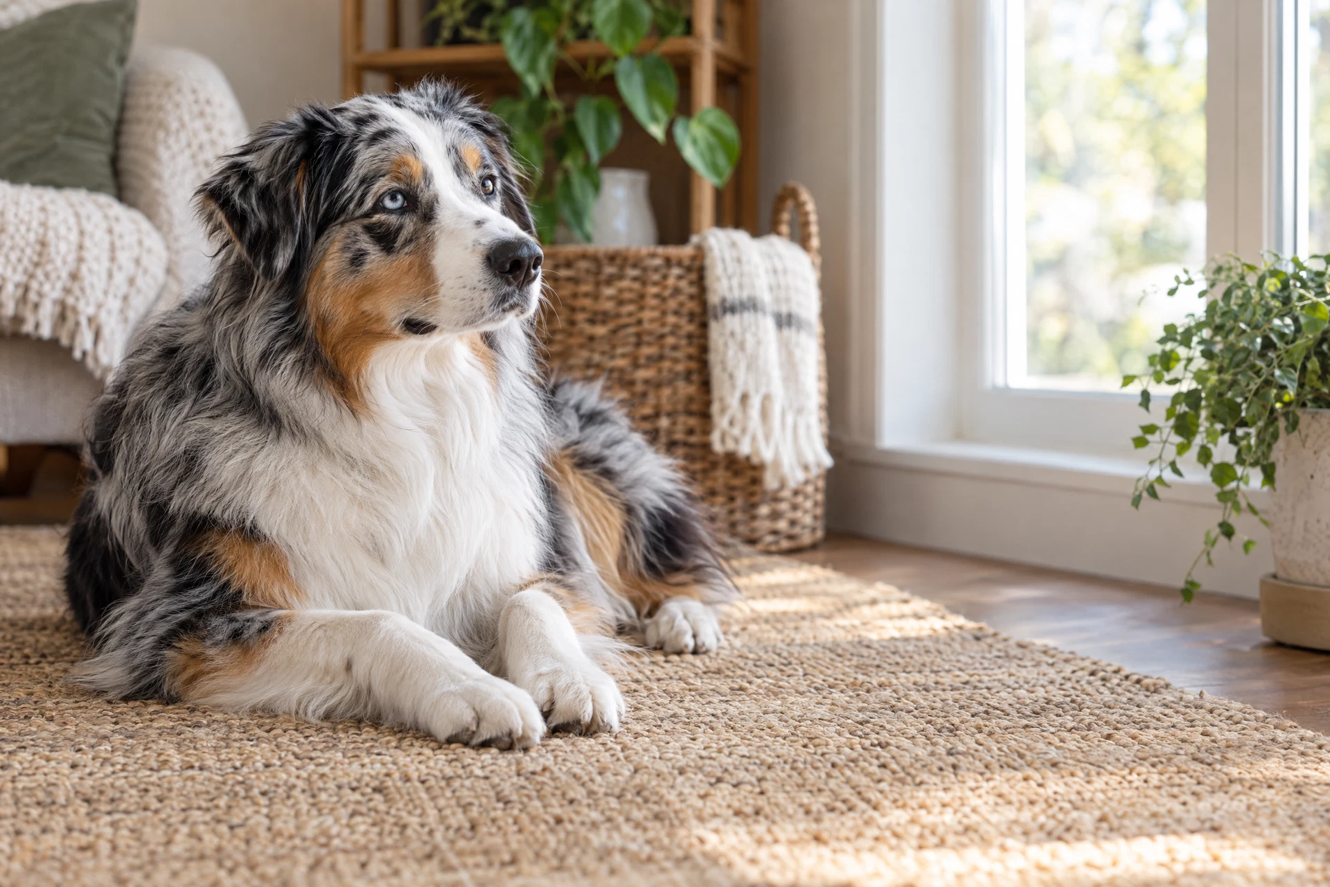 Australian Shepherd resting quietly beside a bright window