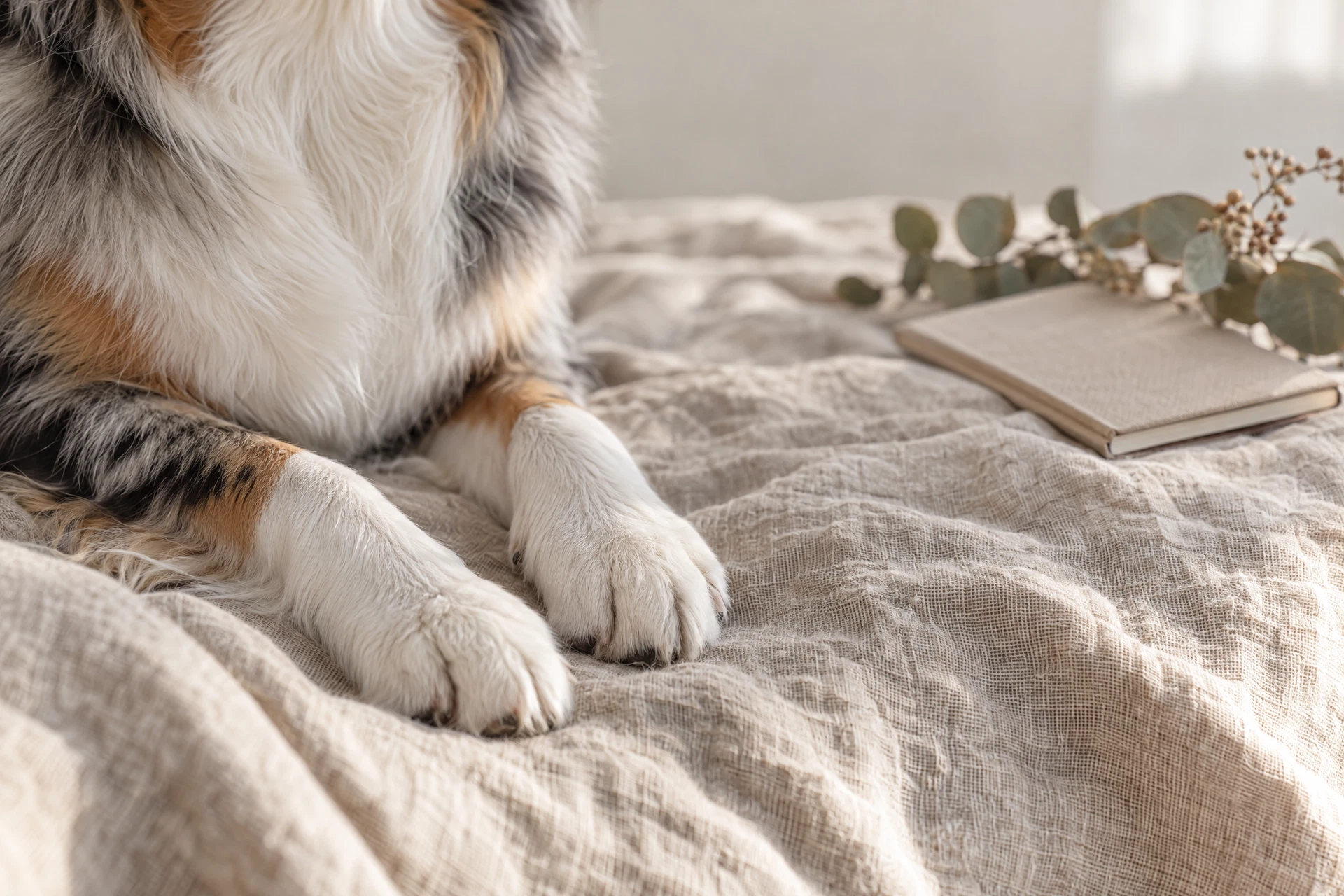 Australian Shepherd paws resting on a natural linen blanket